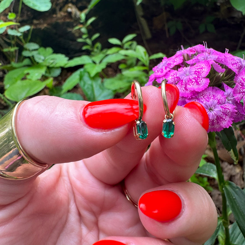 DRIPPING IN EMERALDS 14K HUGGIE HOOPS