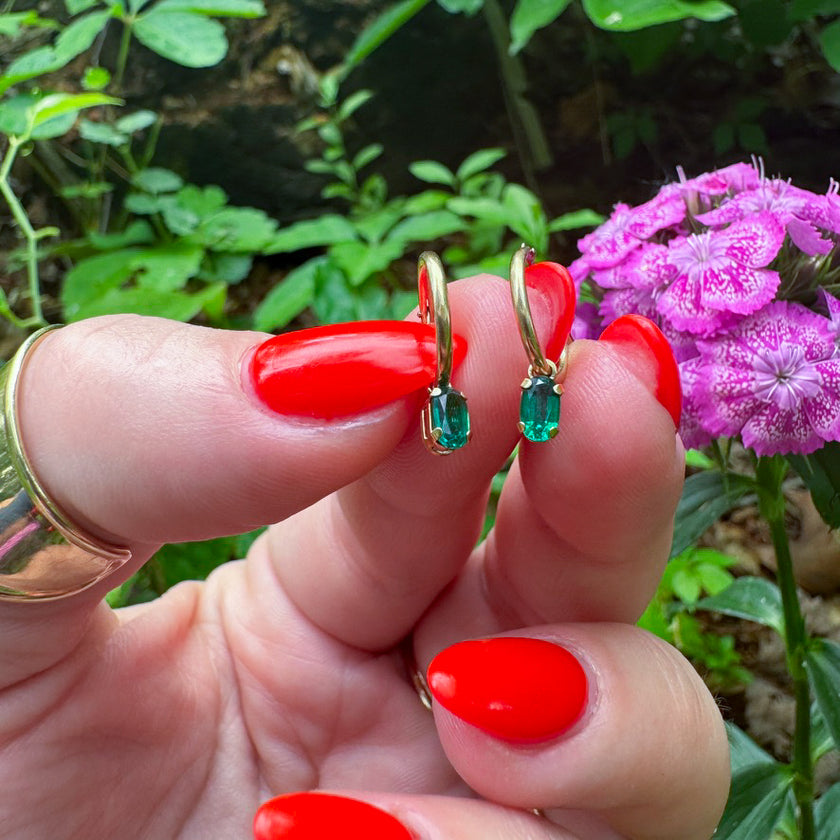 DRIPPING IN EMERALDS 14K HUGGIE HOOPS