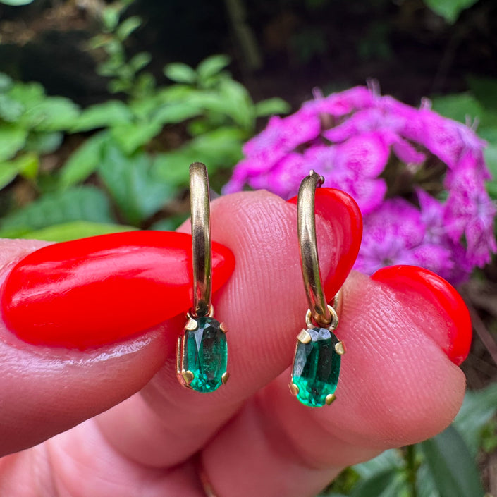 DRIPPING IN EMERALDS 14K HUGGIE HOOPS