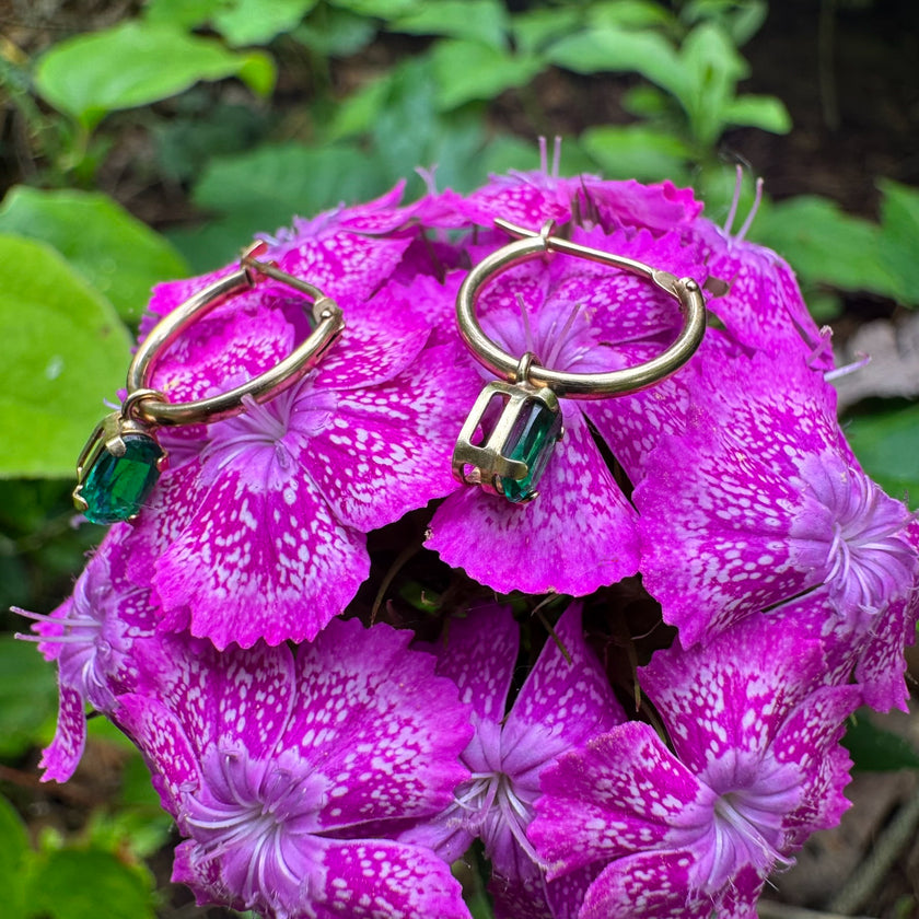 DRIPPING IN EMERALDS 14K HUGGIE HOOPS