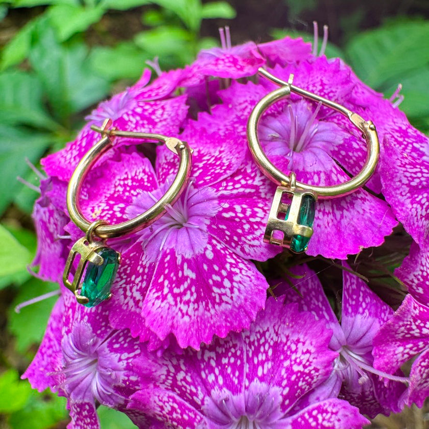 DRIPPING IN EMERALDS 14K HUGGIE HOOPS