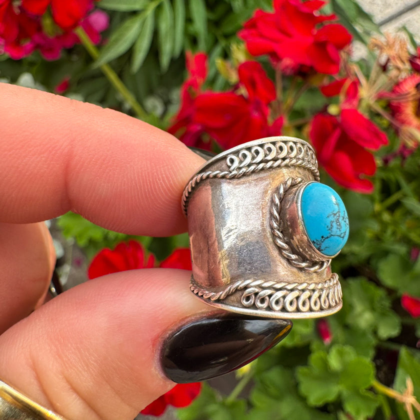 STERLING & TURQUOISE 1970S SOUTHWESTERN BOHO WIDE BAND RING