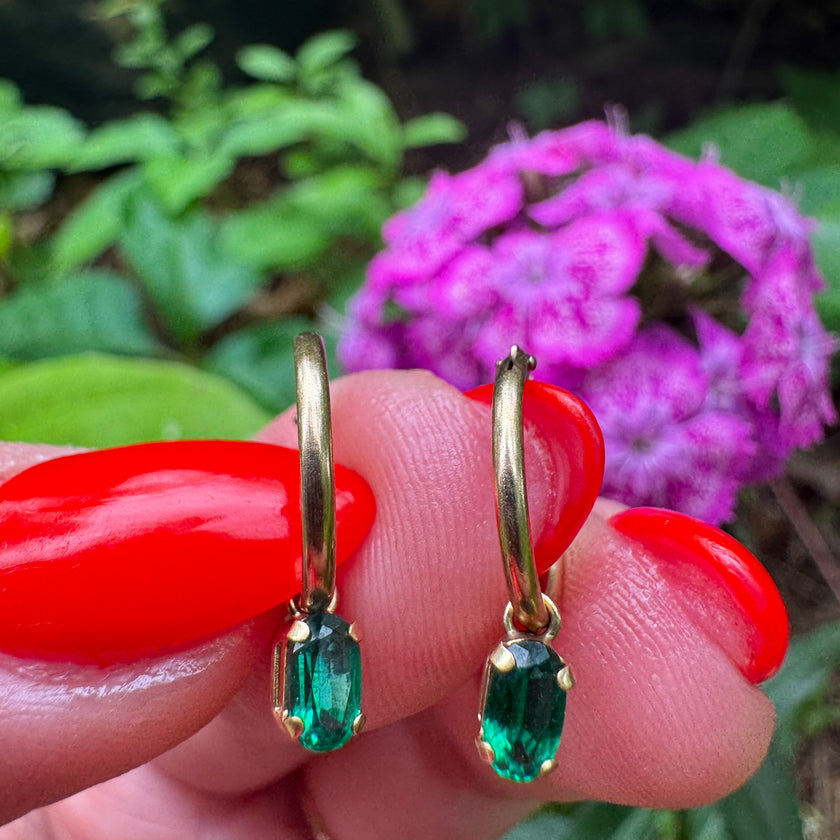 DRIPPING IN EMERALDS 14K HUGGIE HOOPS