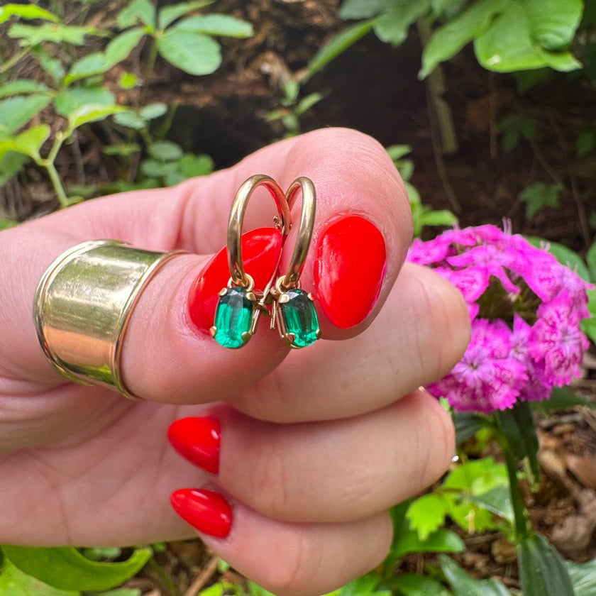 DRIPPING IN EMERALDS 14K HUGGIE HOOPS