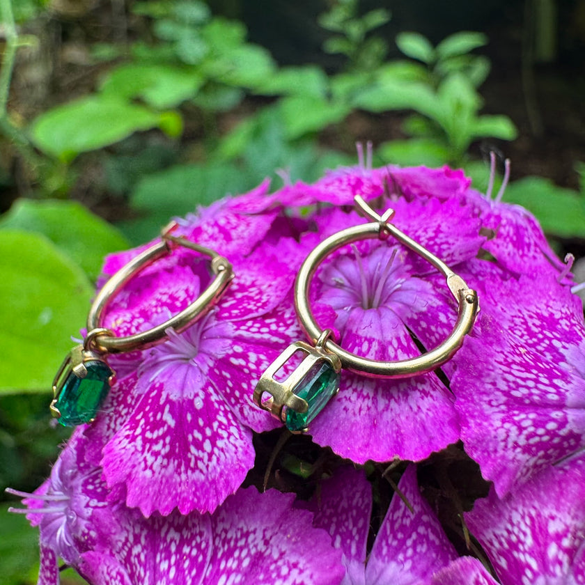 DRIPPING IN EMERALDS 14K HUGGIE HOOPS