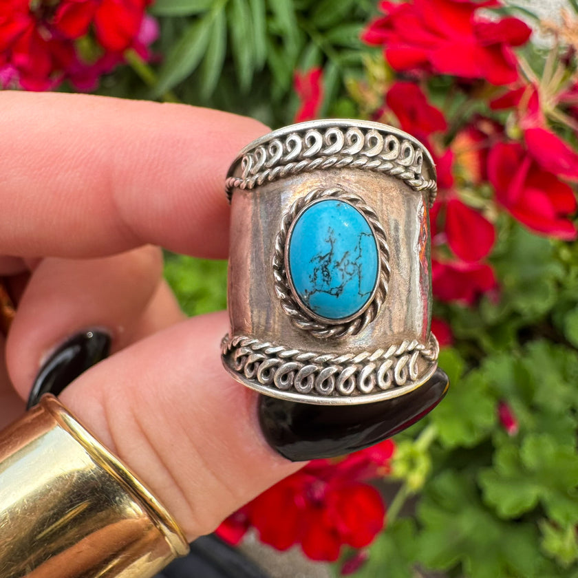 STERLING & TURQUOISE 1970S SOUTHWESTERN BOHO WIDE BAND RING