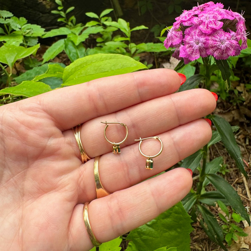 DRIPPING IN EMERALDS 14K HUGGIE HOOPS