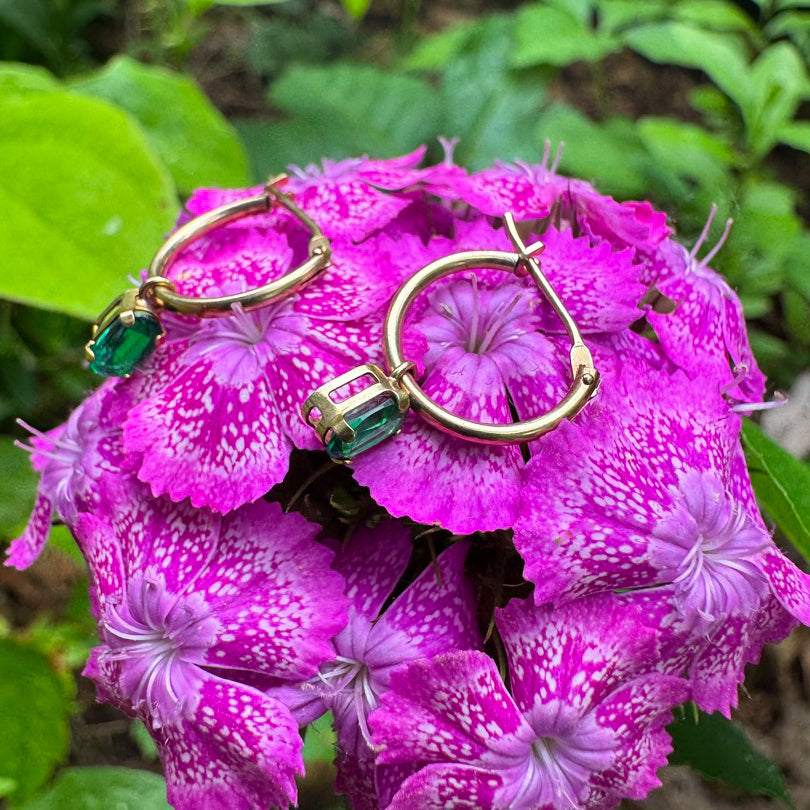 DRIPPING IN EMERALDS 14K HUGGIE HOOPS