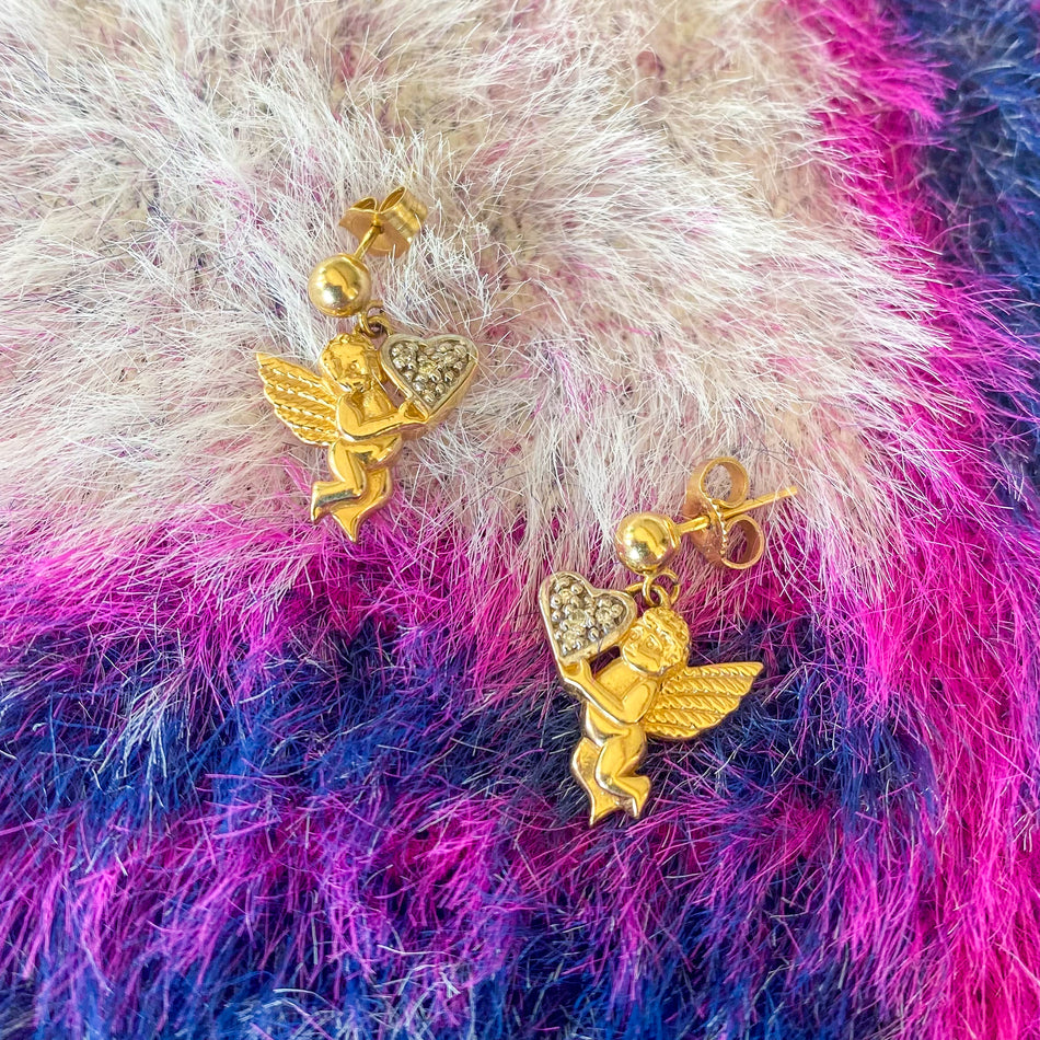 14K GOLD & DIAMOND CHERUB ANGEL DROP EARRINGS