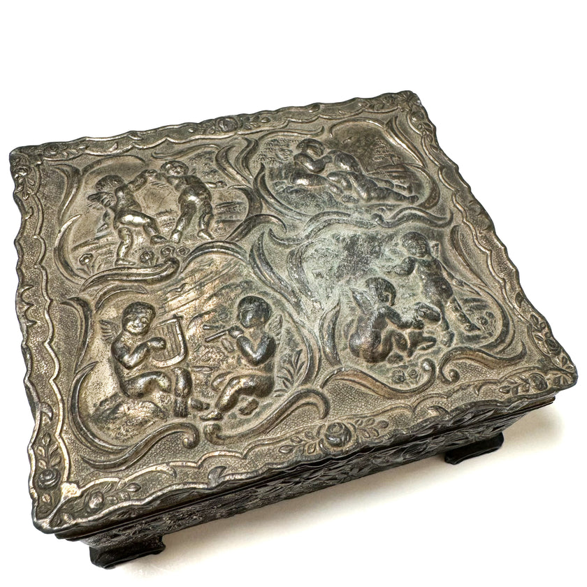 VINTAGE ORNATE CHERUB METAL JEWELRY BOX