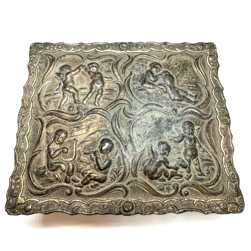 VINTAGE ORNATE CHERUB METAL JEWELRY BOX