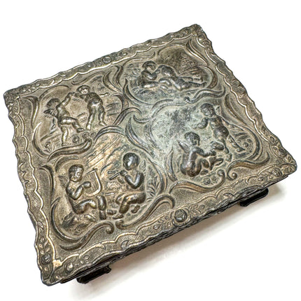 VINTAGE ORNATE CHERUB METAL JEWELRY BOX