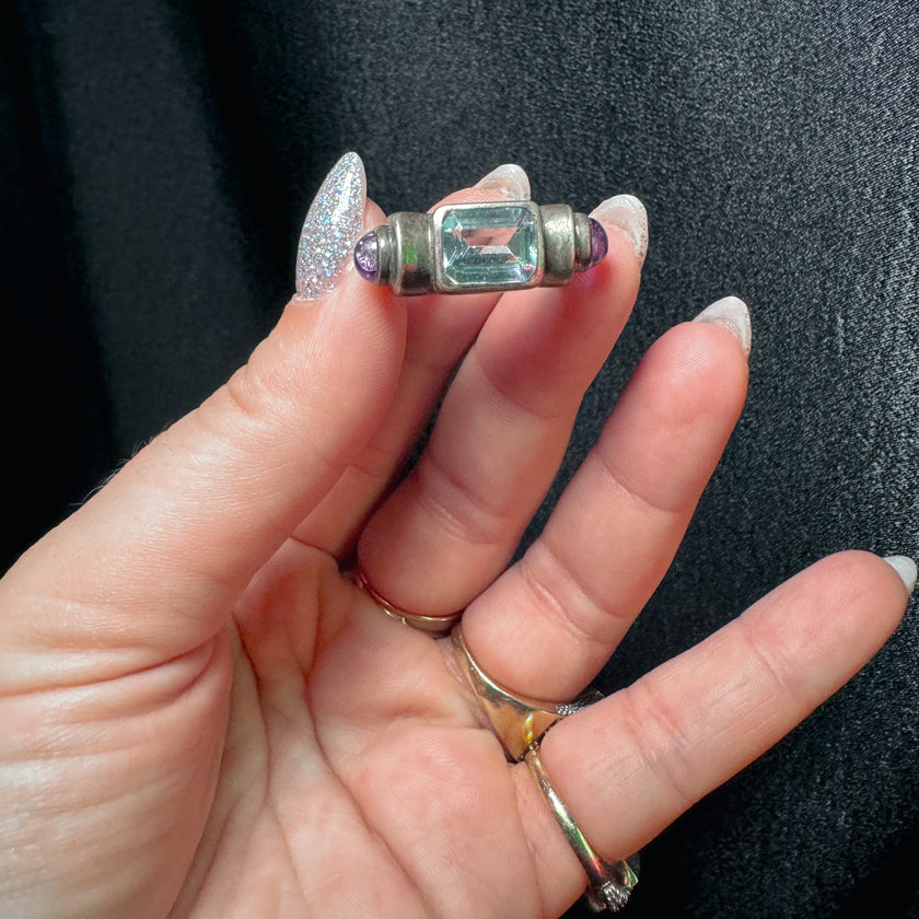 VINTAGE STERLING SILVER AQUAMARINE AND AMETHYST RING