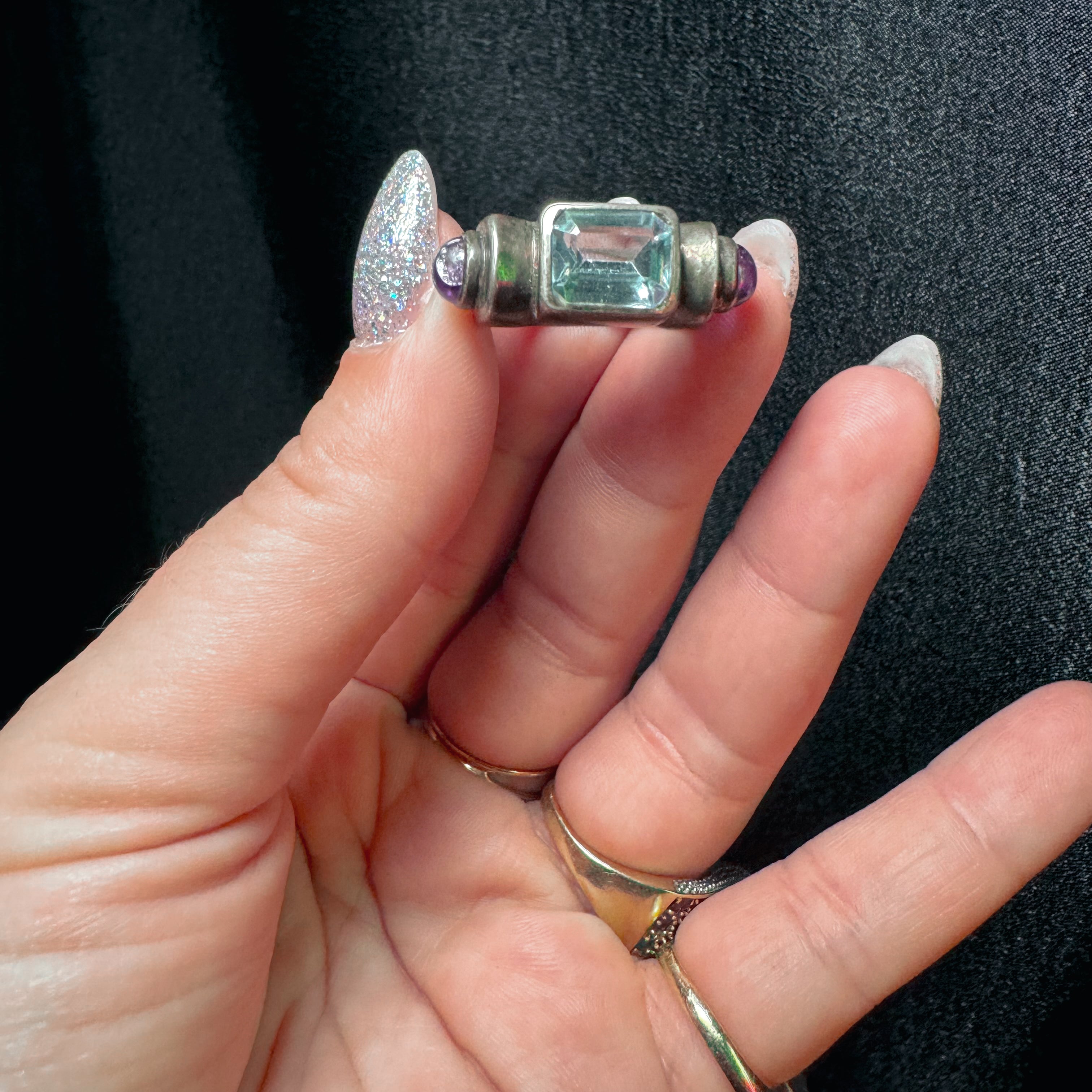 VINTAGE STERLING SILVER AQUAMARINE AND AMETHYST RING