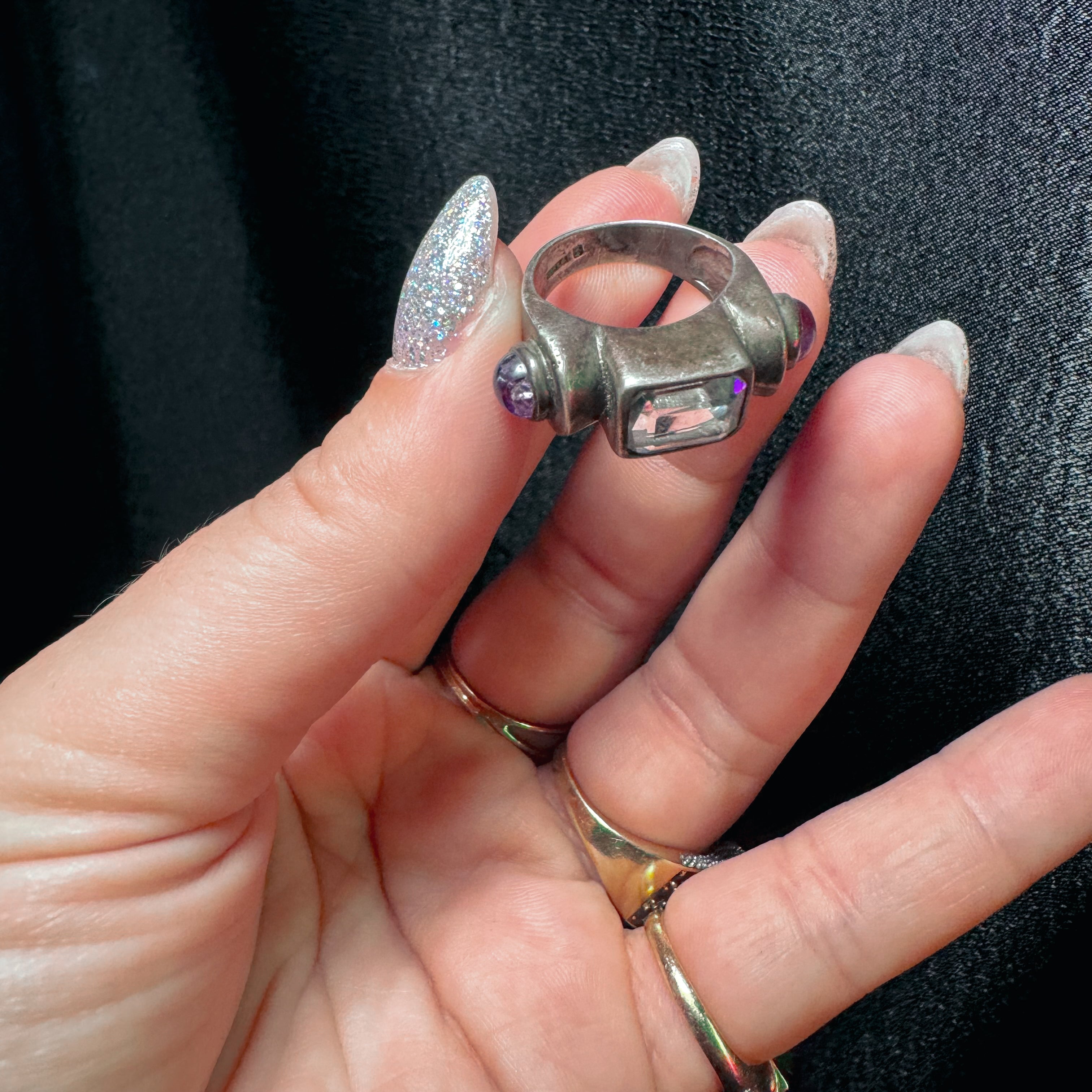 VINTAGE STERLING SILVER AQUAMARINE AND AMETHYST RING