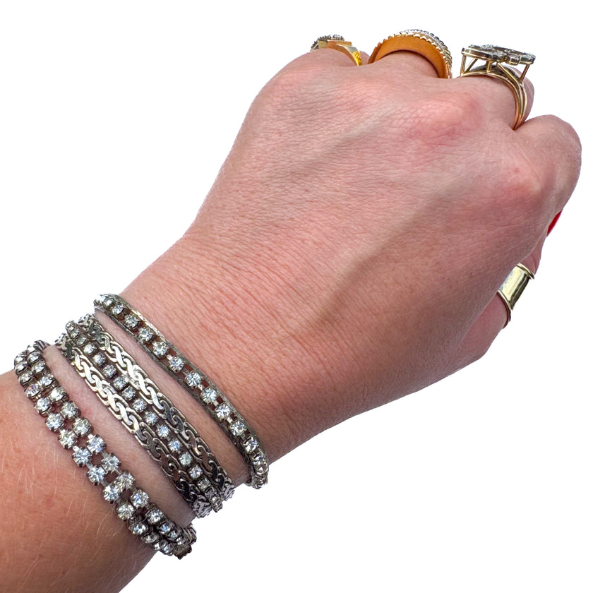 VINTAGE SILVER TONE CRYSTAL TENNIS & CHAIN STATEMENT BRACELETS