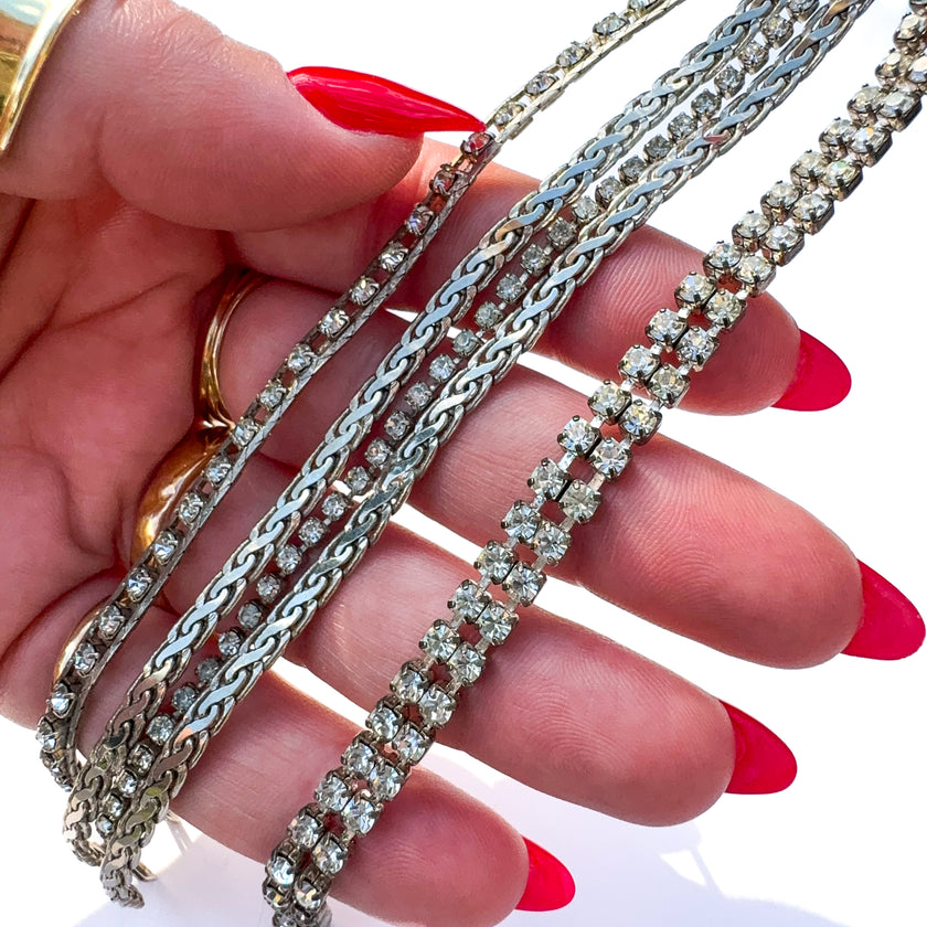 VINTAGE SILVER TONE CRYSTAL TENNIS & CHAIN STATEMENT BRACELETS