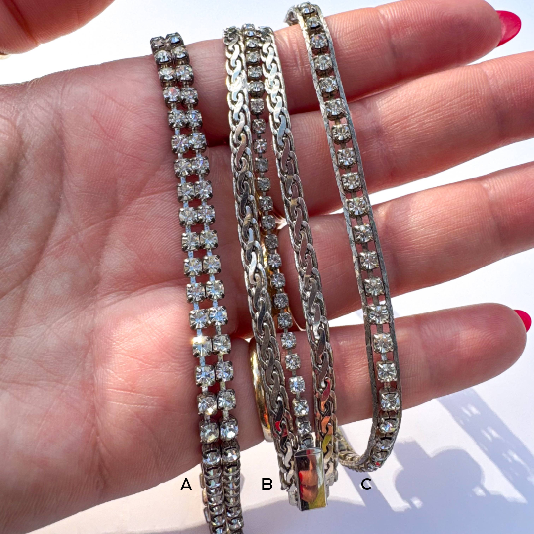 VINTAGE SILVER TONE CRYSTAL TENNIS & CHAIN STATEMENT BRACELETS