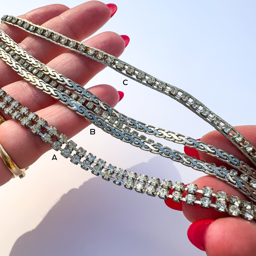 VINTAGE SILVER TONE CRYSTAL TENNIS & CHAIN STATEMENT BRACELETS