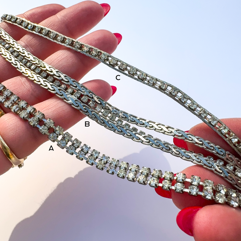 VINTAGE SILVER TONE CRYSTAL TENNIS & CHAIN STATEMENT BRACELETS