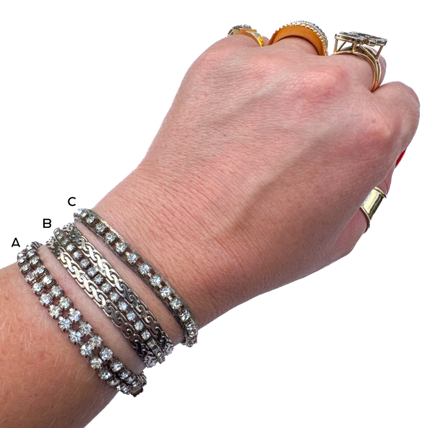 VINTAGE SILVER TONE CRYSTAL TENNIS & CHAIN STATEMENT BRACELETS