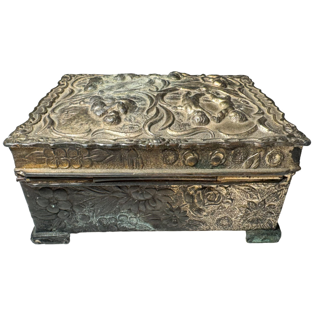 VINTAGE ORNATE CHERUB METAL JEWELRY BOX