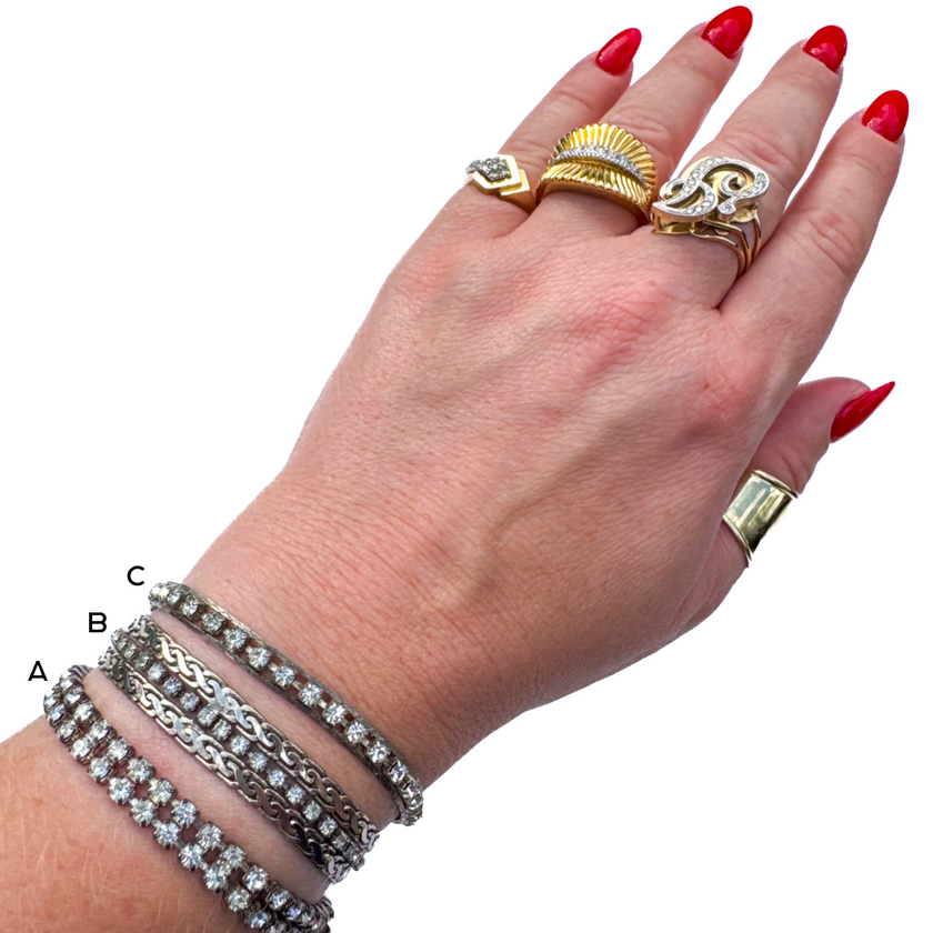 VINTAGE SILVER TONE CRYSTAL TENNIS & CHAIN STATEMENT BRACELETS