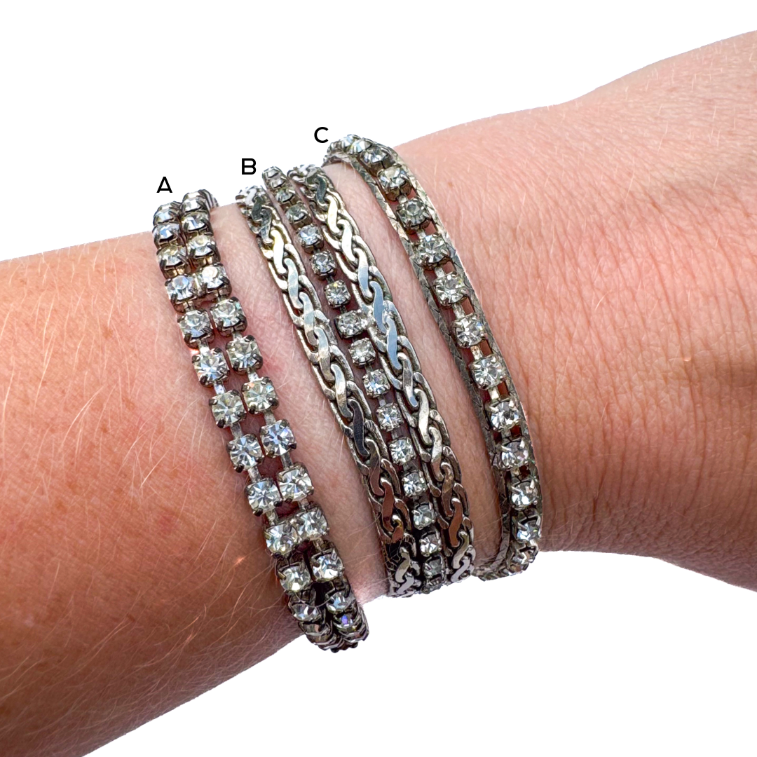 VINTAGE SILVER TONE CRYSTAL TENNIS & CHAIN STATEMENT BRACELETS