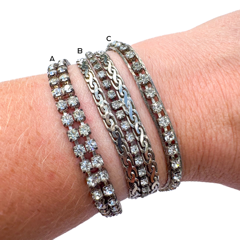 VINTAGE SILVER TONE CRYSTAL TENNIS & CHAIN STATEMENT BRACELETS
