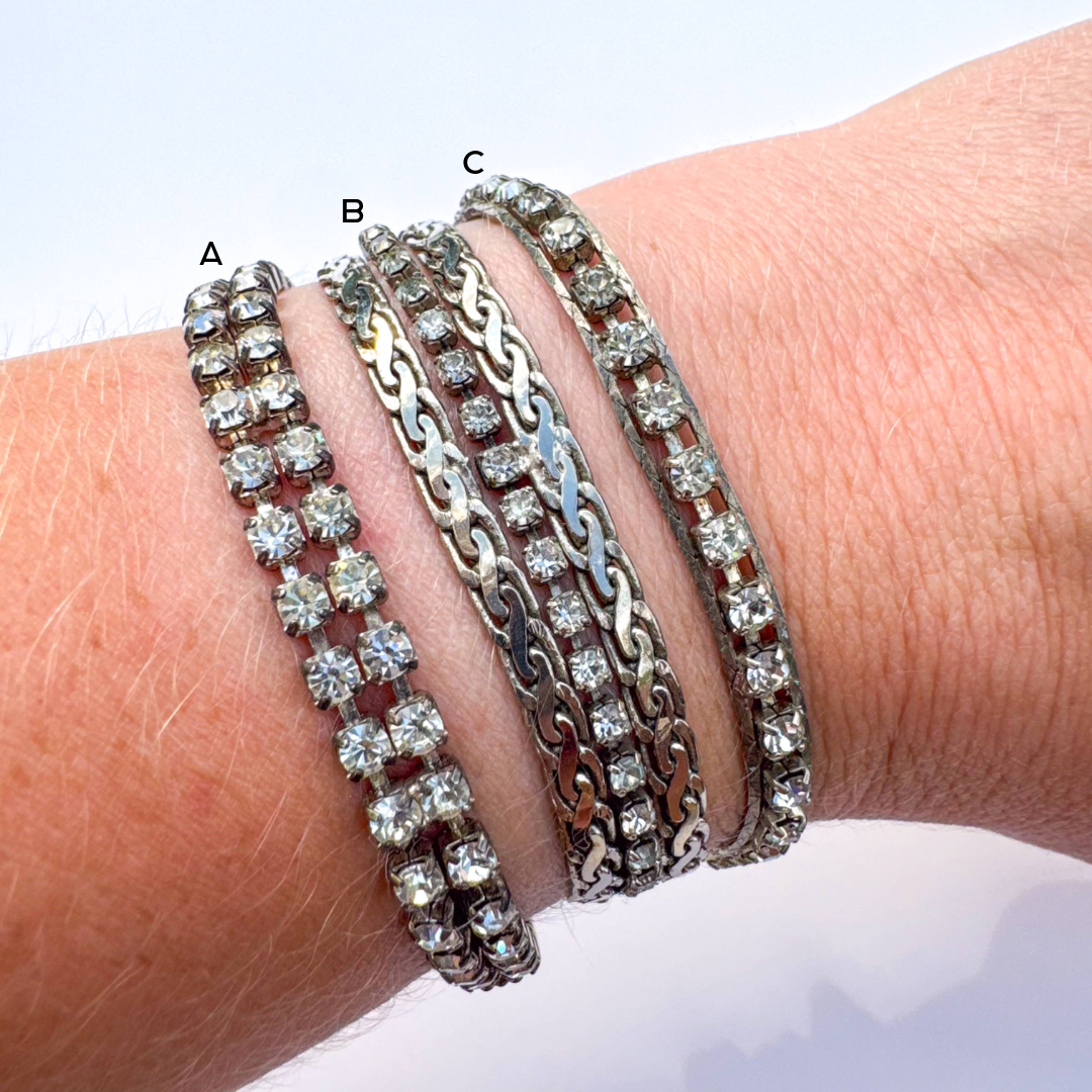 VINTAGE SILVER TONE CRYSTAL TENNIS & CHAIN STATEMENT BRACELETS