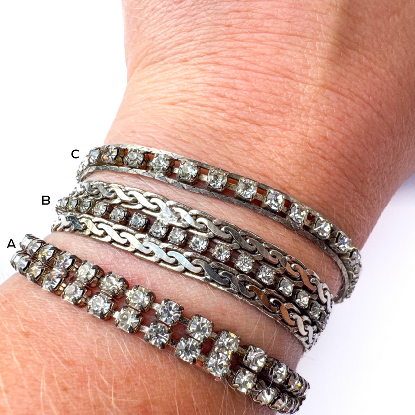 VINTAGE SILVER TONE CRYSTAL TENNIS & CHAIN STATEMENT BRACELETS