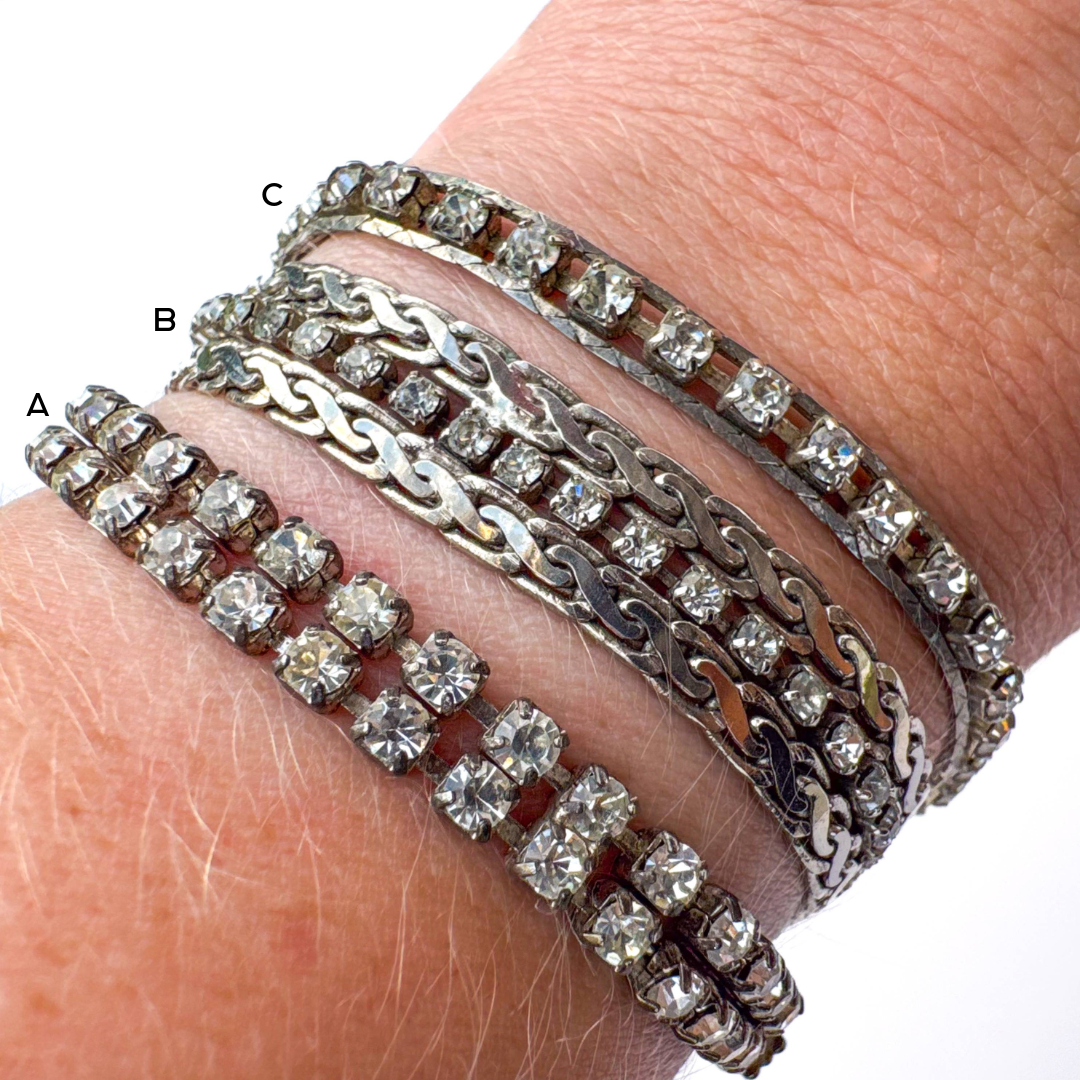VINTAGE SILVER TONE CRYSTAL TENNIS & CHAIN STATEMENT BRACELETS