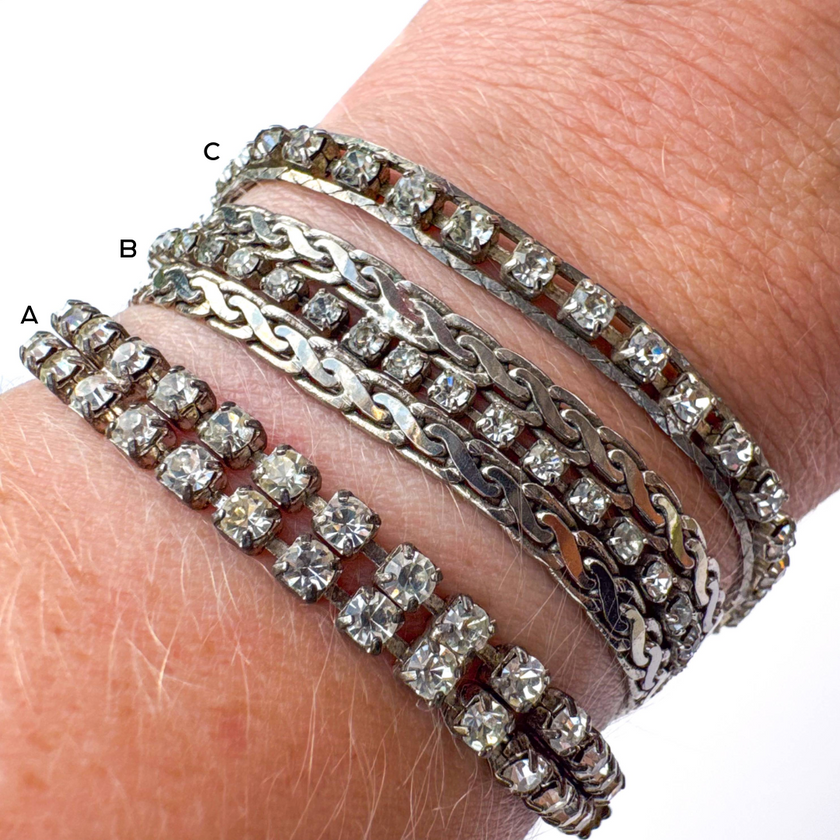 VINTAGE SILVER TONE CRYSTAL TENNIS & CHAIN STATEMENT BRACELETS