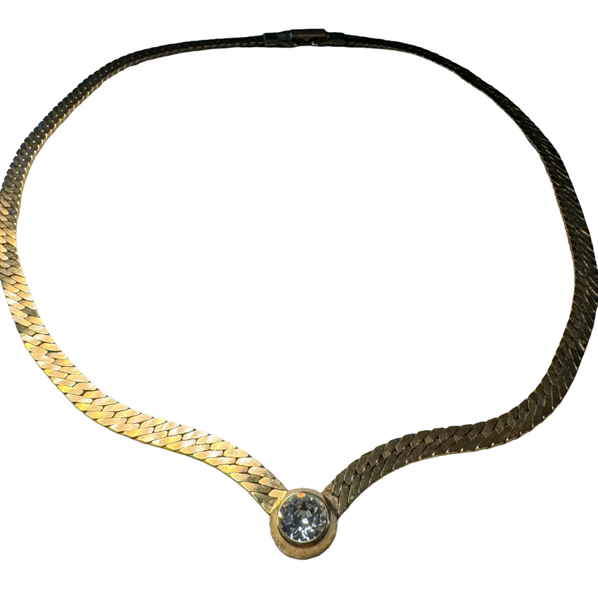 VINTAGE GOLD TONE BEZEL SET CRYSTAL HERRINGBONE NECKLACE