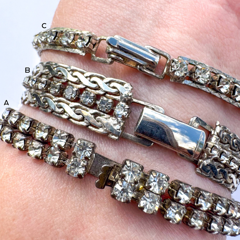VINTAGE SILVER TONE CRYSTAL TENNIS & CHAIN STATEMENT BRACELETS