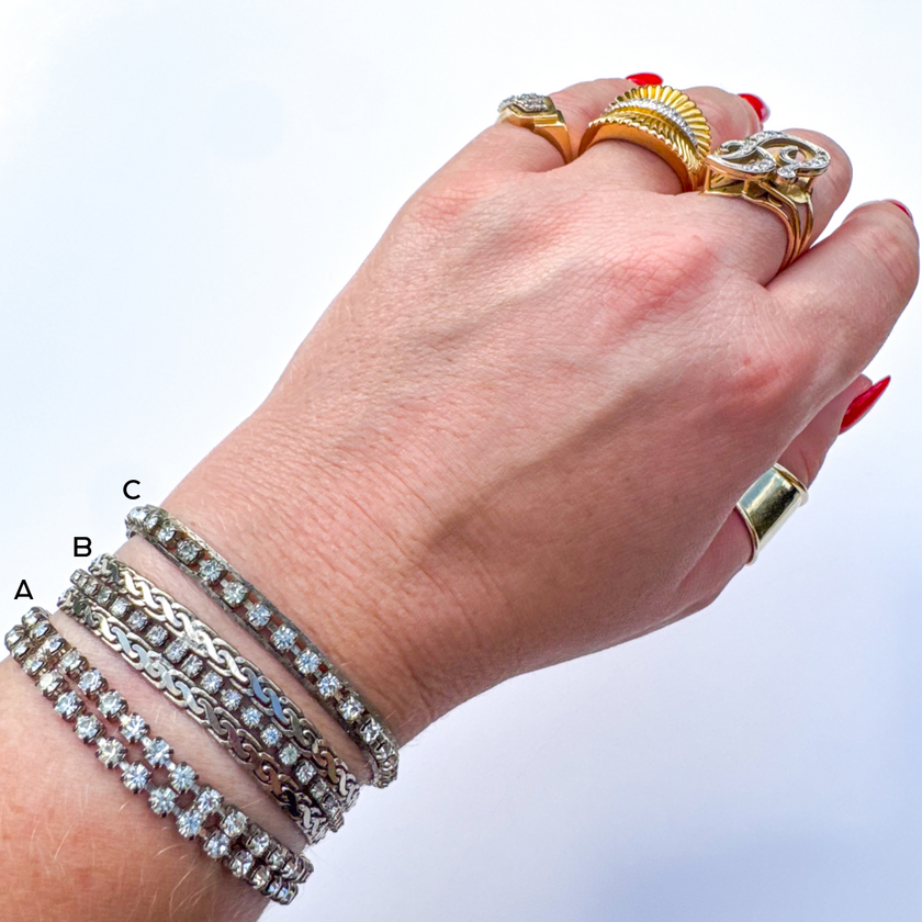 VINTAGE SILVER TONE CRYSTAL TENNIS & CHAIN STATEMENT BRACELETS