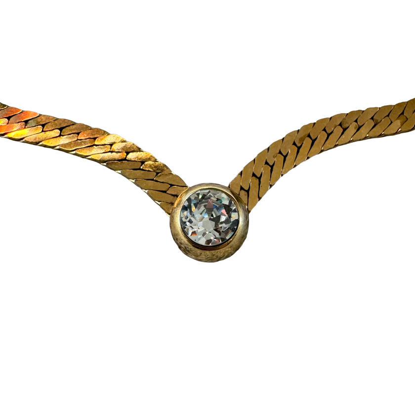 VINTAGE GOLD TONE BEZEL SET CRYSTAL HERRINGBONE NECKLACE