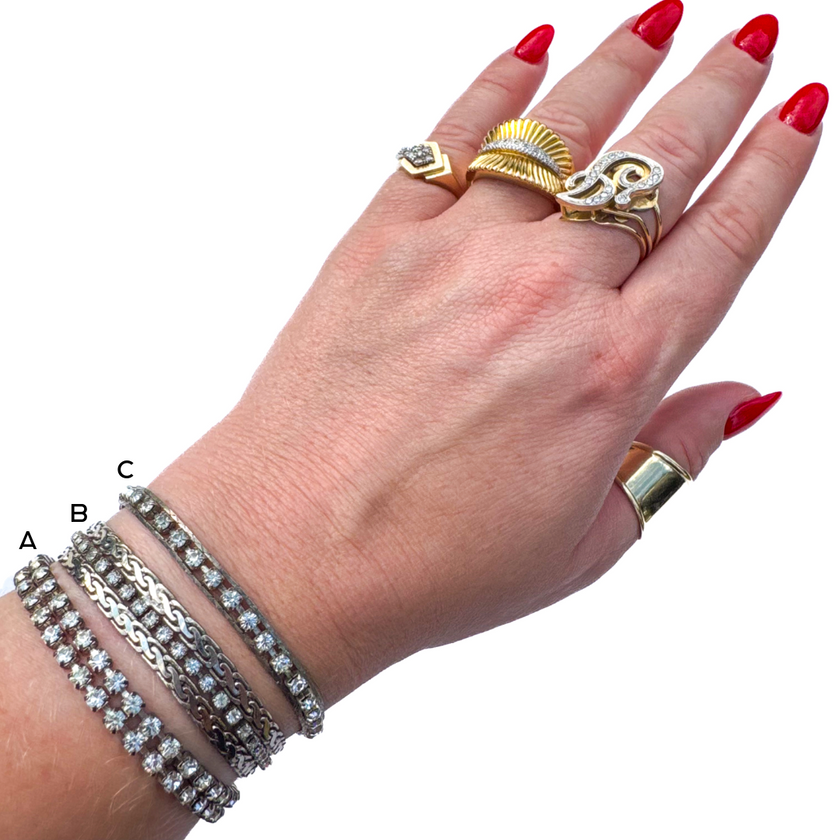 VINTAGE SILVER TONE CRYSTAL TENNIS & CHAIN STATEMENT BRACELETS