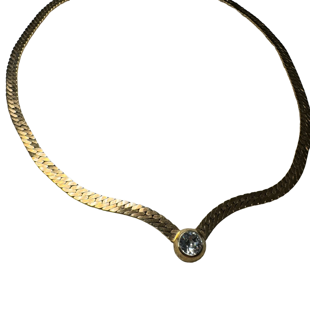 VINTAGE GOLD TONE BEZEL SET CRYSTAL HERRINGBONE NECKLACE