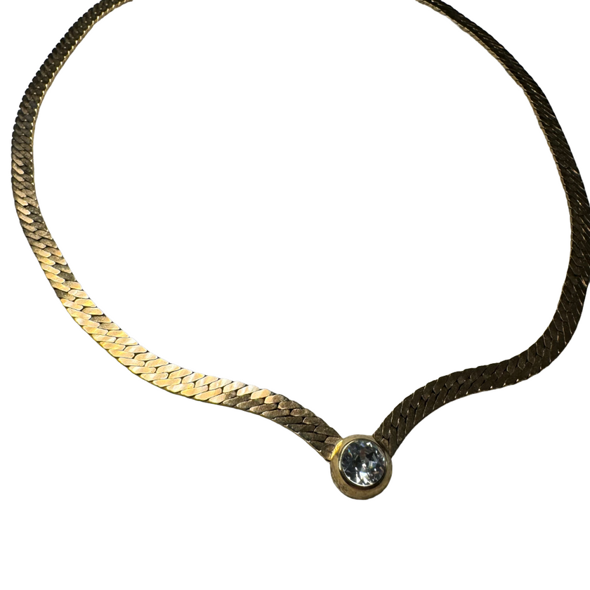 VINTAGE GOLD TONE BEZEL SET CRYSTAL HERRINGBONE NECKLACE