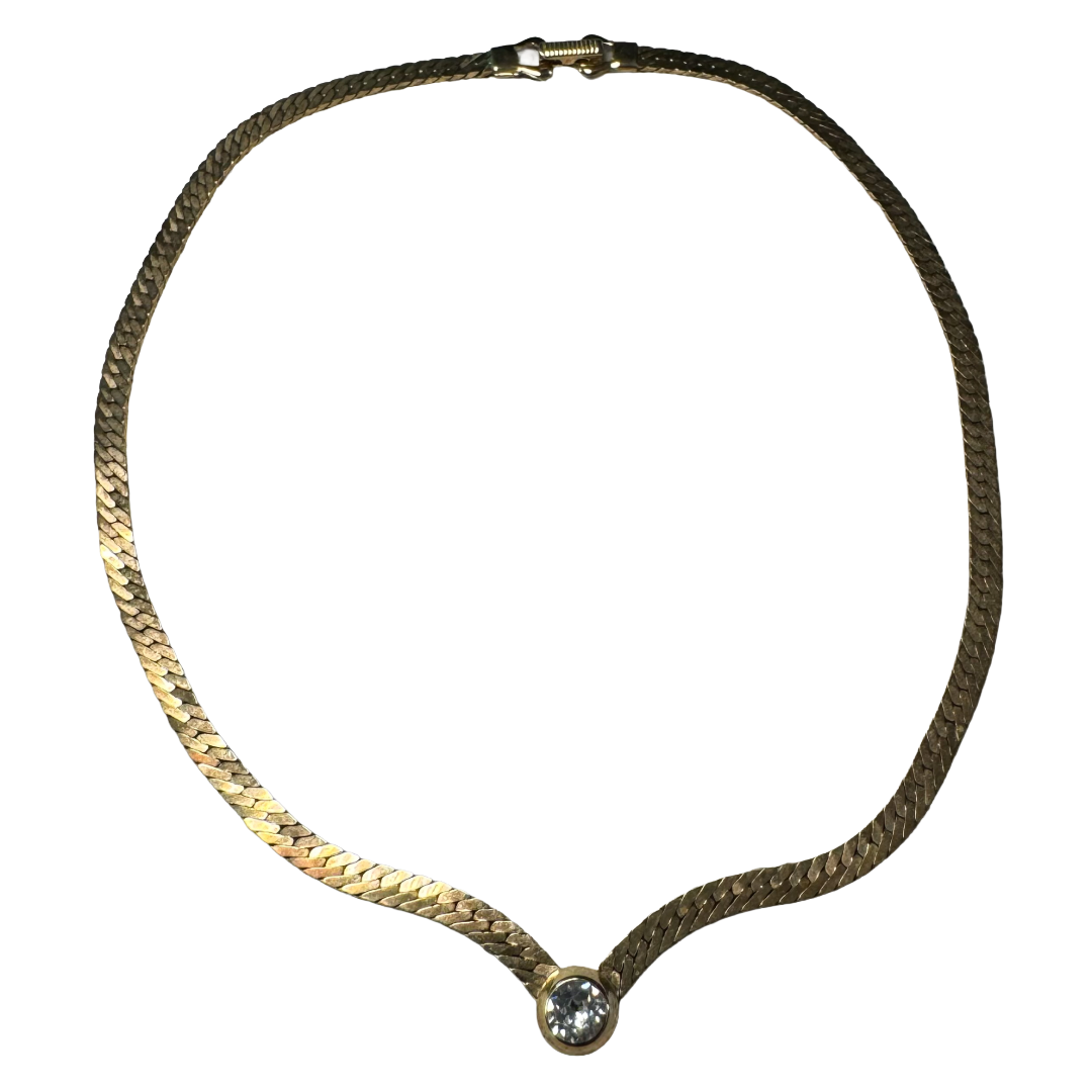 VINTAGE GOLD TONE BEZEL SET CRYSTAL HERRINGBONE NECKLACE