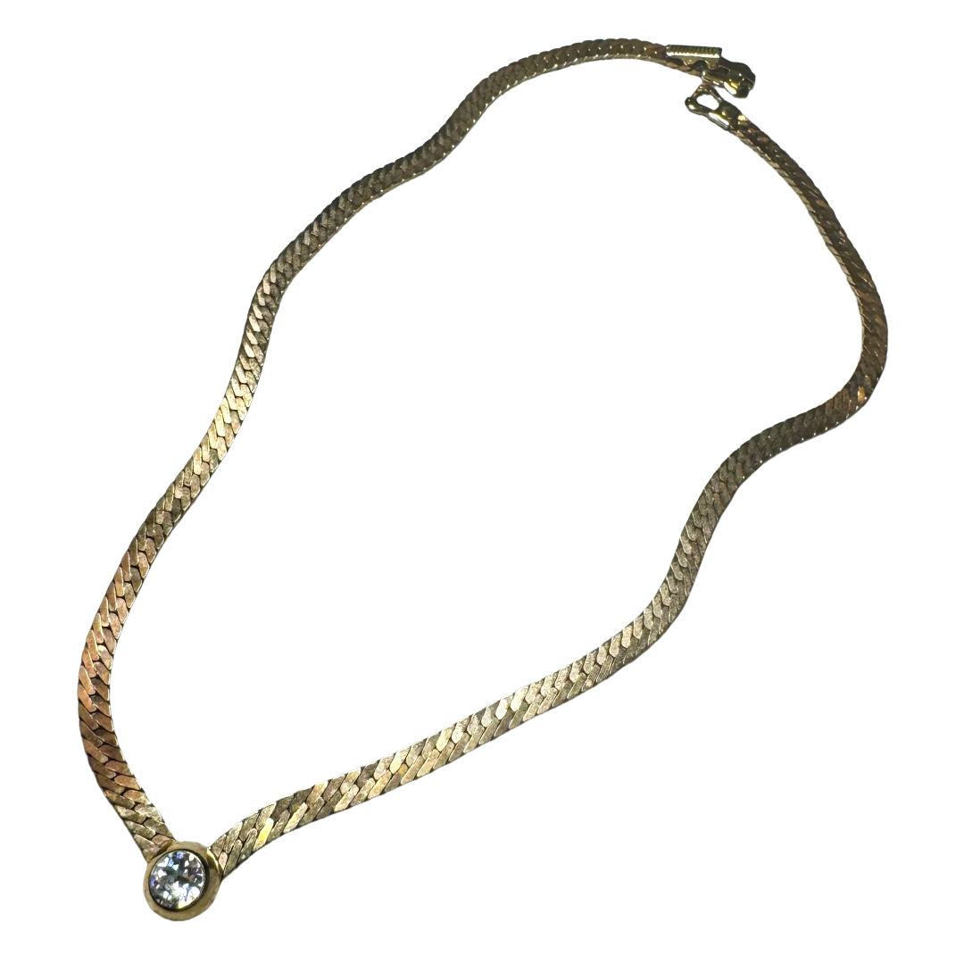 VINTAGE GOLD TONE BEZEL SET CRYSTAL HERRINGBONE NECKLACE
