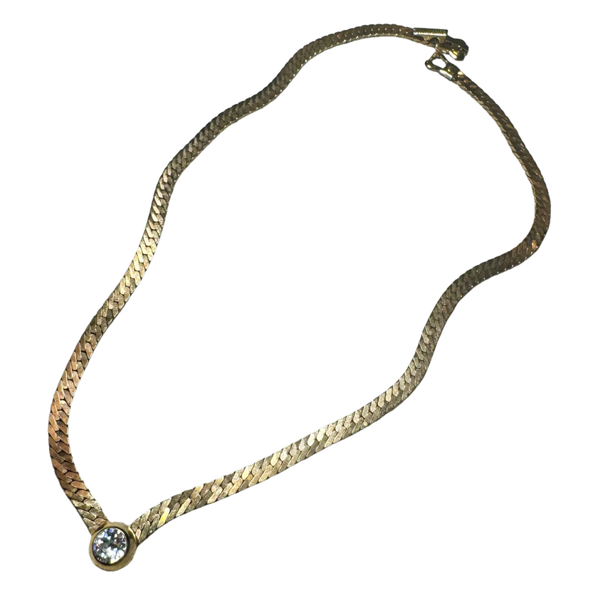 VINTAGE GOLD TONE BEZEL SET CRYSTAL HERRINGBONE NECKLACE