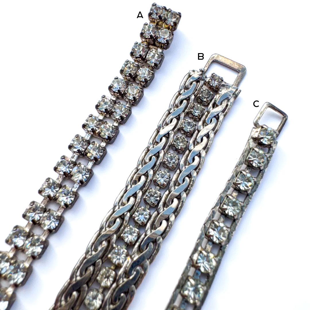 VINTAGE SILVER TONE CRYSTAL TENNIS & CHAIN STATEMENT BRACELETS