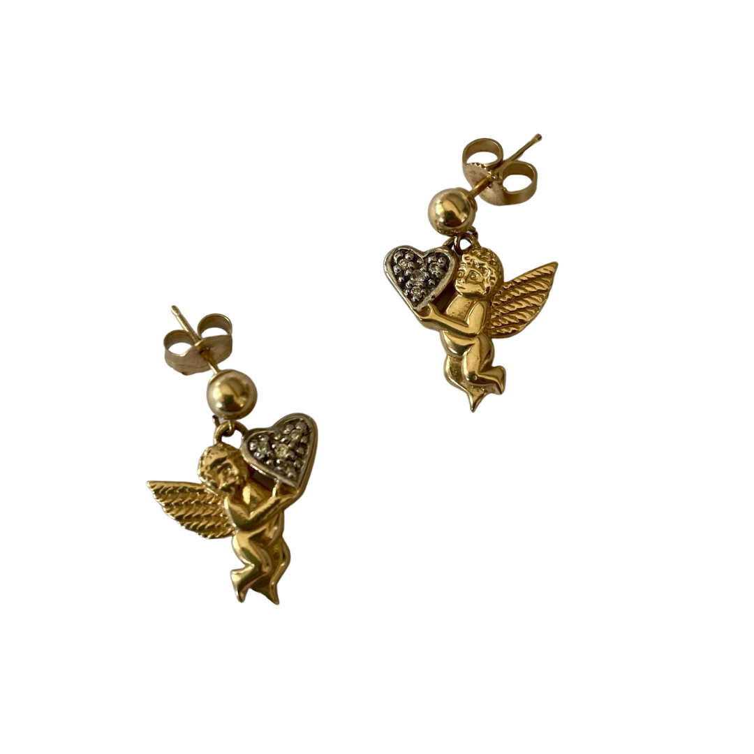 14K GOLD & DIAMOND CHERUB ANGEL DROP EARRINGS