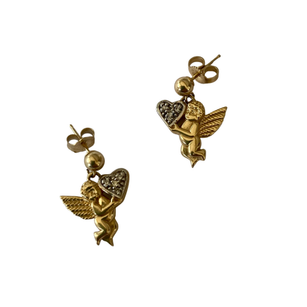 14K GOLD & DIAMOND CHERUB ANGEL DROP EARRINGS