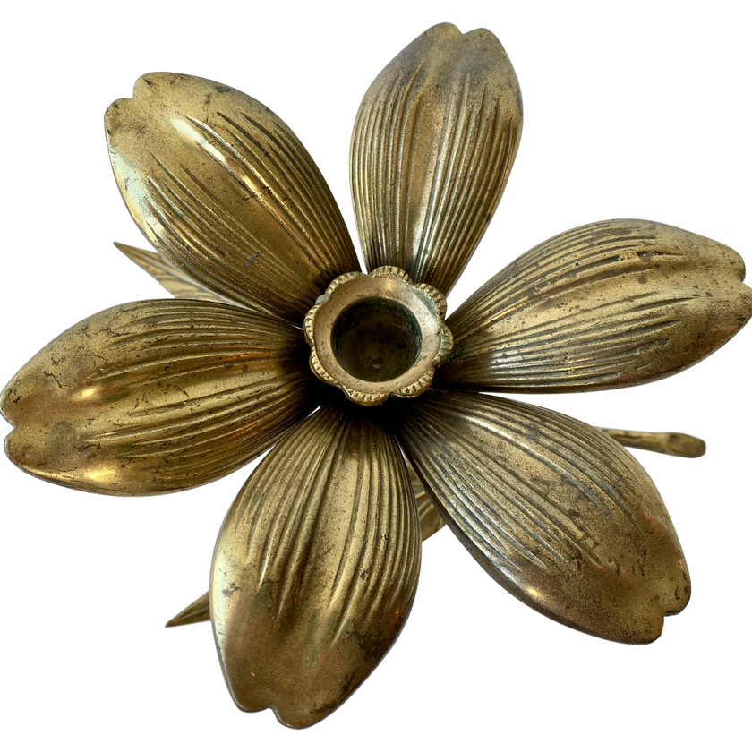 BRASS FLOWER CANDLE HOLDER & ASHTRAY SET