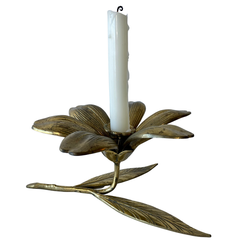 BRASS FLOWER CANDLE HOLDER & ASHTRAY SET