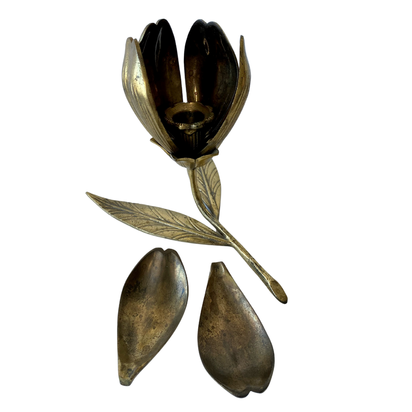 BRASS FLOWER CANDLE HOLDER & ASHTRAY SET