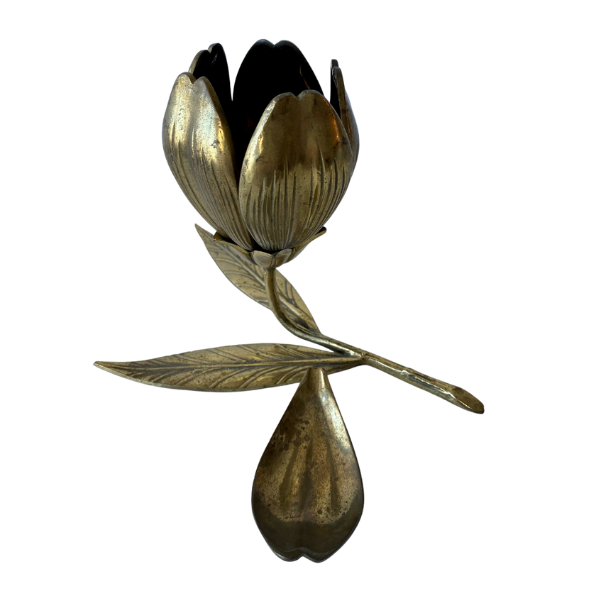 BRASS FLOWER CANDLE HOLDER & ASHTRAY SET